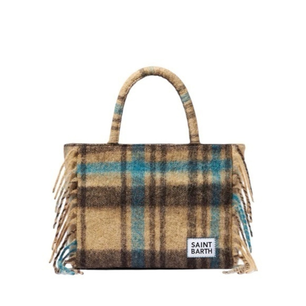 MC2 Saint‎ Barth Vanity Blanket Blue & Tan Tartan Plaid Travel Tote Shoulder Bag
